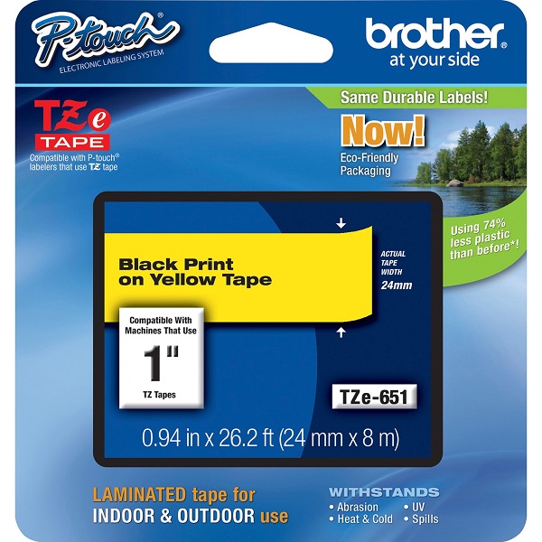 Brother 24mm (1") Black on Yellow Laminated Tape (8m/26.2') (1/Pkg) For use in TZ P-Touch: PT-1600, 1650, 2200, 2300, 2400, 2500PC, 2600, 2610, 2730, 3600, 9200DX, 9200PC, 9400, 9500PC, 9600