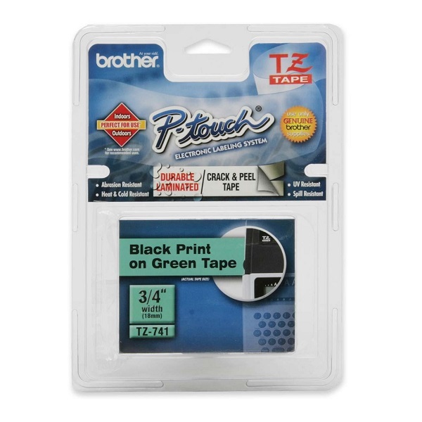 Brother 18mm (3/4") Black on Green Laminated Tape (8m/26.2') (1/Pkg) For use in TZ P-Touch: All TZ Machines Except PT-200, 1100, 1130, 1300, 1160, 1170S, 1180, 1200, 2030, 2730, ST-1150