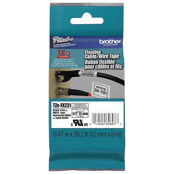 Brother 12mm (1/2") Black on White Flexible ID Super Adhesive Industrial Tape (8m/26.2') (1/Pkg) For use in TZ P-Touch: All TZ Machines