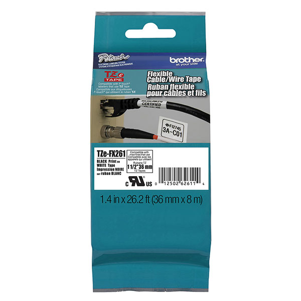 Brother 36mm (1 1/2") Black on White Flexible ID Super Adhesive Industrial Tape (8m/26.2') (1/Pkg) For use in TZ P-Touch: PT-530 550 3600 9200DX 9200PC 9400 9500PC 9600 Only