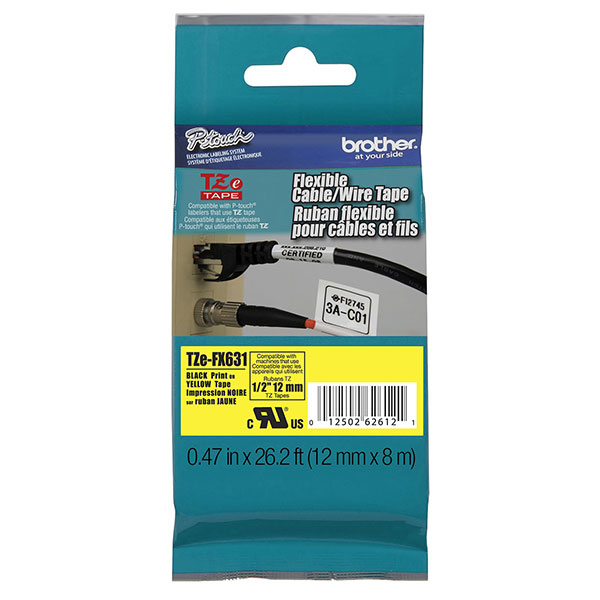 Brother 12mm (1/2") Black on Yellow Flexible ID Super Adhesive Industrial Tape (8m/26.2') (1/Pkg) For use in TZ P-Touch: All TZ Machines