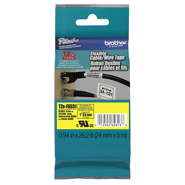 Brother 24mm (1") Black on Yellow Flexible ID Super Adhesive Industrial Tape (8m/26.2') (1/Pkg) For use in PT-530 550 3600 9200DX 9200PC 9400 9500PC 9600