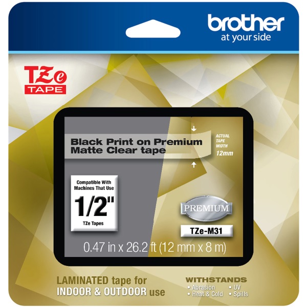 Brother P-Touch GL-100 PT-1000 1010 1090 1100 1190 1200 1230PC 1280 128AF 1290 1400 1500PC 1700 1750 1800 Black Print on Matte Clear Laminated Tape (12mm (0.47") Wide x 8m (26.2') Long)