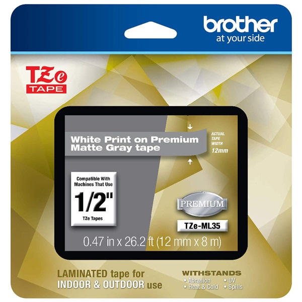 Brother P-Touch GL-100 PT-1000 1010 1090 1100 1190 1200 1230PC 1280 128AF 1290 1400 1500PC 1700 White Print on Premium Matte Gray Laminated Tape (12mm (0.47") Wide x 8m (26.2') Long)