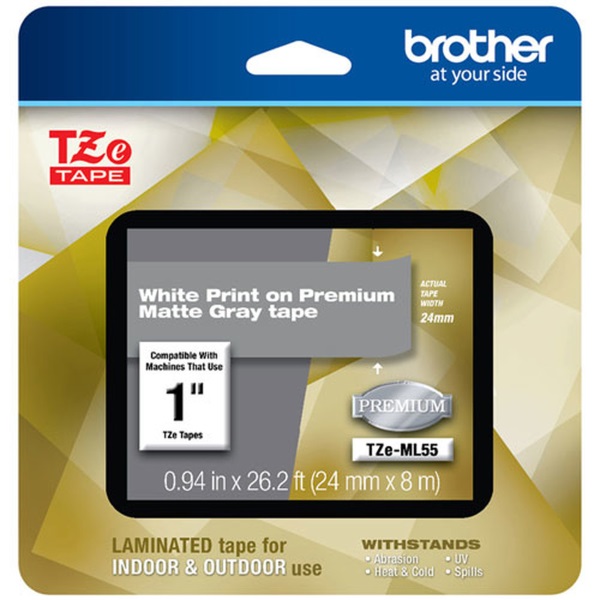 Brother P-Touch PT-1400 1500PC 1600 2200 2210 2300 2310 2400 2410 2430PC 2600 2610 2700 2710 2730 White Print on Premium Matte Gray Laminated Tape (24mm (0.94") Wide x 8m (26.2') Long)