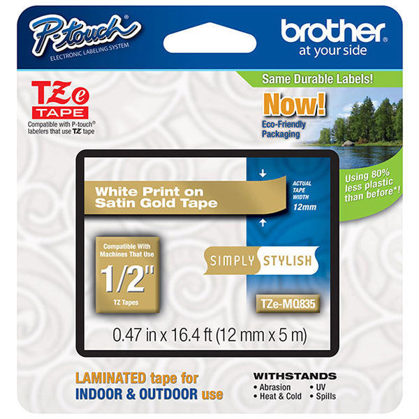 Brother 12mm (1/2") Simply Stylish White on Satin Gold Laminated Tape (5m/16.4') (1/Pkg) For use in all TZ Machines