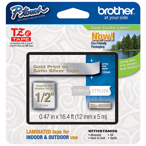 Brother 12mm (1/2") Simply Stylish Gold on Satin Silver Laminated Tape (5m/16.4') (1/Pkg) For use in all TZ Machines