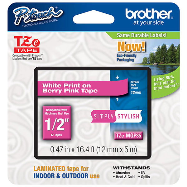 Brother 12mm (1/2") Simply Stylish White on Berry Pink Laminated Tape (5m/16.4') (1/Pkg) For use in all TZ Machines