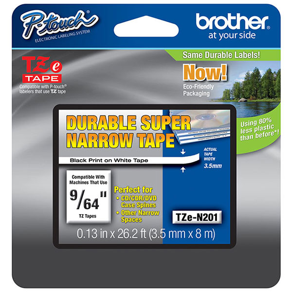 Brother 3.5mm (9/64") Super Narrow Black on White Non-Laminated Tape (8m/26.2') (1/Pkg) For use in TZ P-touch: PT-1280, 1830