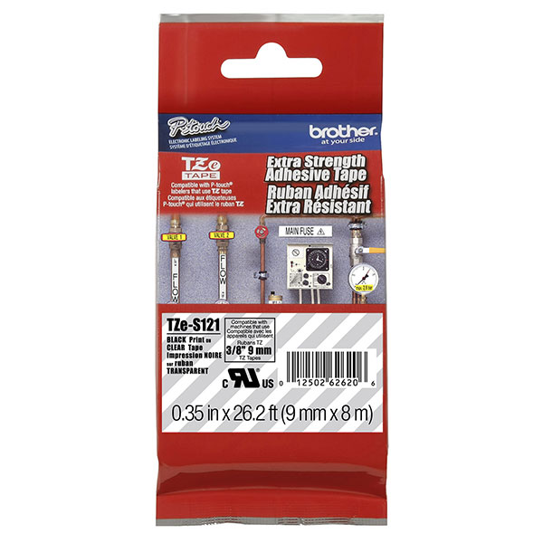 Brother 9mm (3/8") Black on Clear Extra Strength Super Adhesive Industrial Tape (8m/26.2') (1/Pkg) For use in TZ P-Touch: All TZ Machines