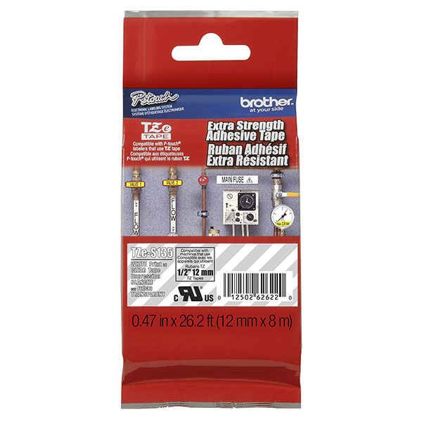 Brother 12mm (1/2") White on Clear Extra Strength Super Adhesive Industrial Tape (8m/26.2') (1/Pkg) For use in TZ P-Touch: All TZ Machines