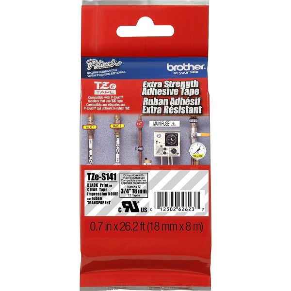 Brother 18mm (3/4") Black on Clear Extra Strength Super Adhesive Industrial Tape (8m/26.2') (1/Pkg)