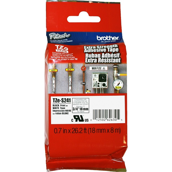 Brother 18mm (3/4") Black on White Extra Strength Super Adhesive Industrial Tape (8m/26.2') (1/Pkg)