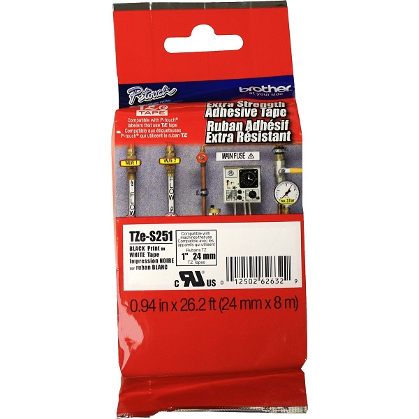 Brother 24mm (1") Black on White Extra Strength Super Adhesive Industrial Tape (8m/26.2') (1/Pkg) For use in TZ P-Touch: PT-2400, 2500PC, 2600, 2730, 3600, 9200, 9400, 9500PC, 9600
