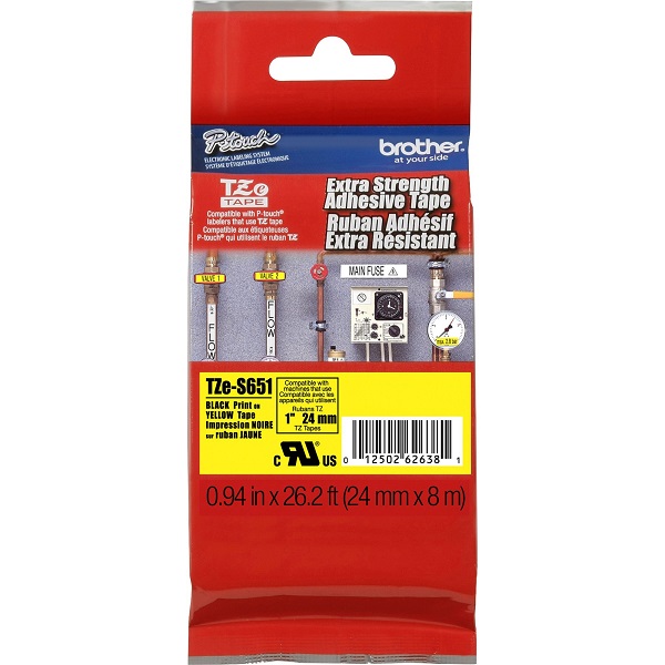Brother 24mm (1") Black on Yellow Extra Strength Super Adhesive Industrial Tape (8m/26.2') (1/Pkg) For use in TZ P-Touch: PT-2200, 2300, 2400, 2500PC, 2600, 3600, 9200, 9400, 9500PC, 9600
