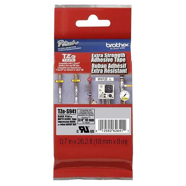 Brother 18mm (3/4") Black on Matte Silver Extra Strength Super Adhesive Industrial Tape (8m/26.2') (1/Pkg)