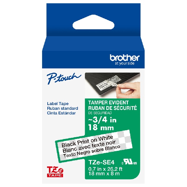 Brother 18mm (3/4") Black on White Laminated Security Tape (8m/26.2') (1/Pkg) For use in TZ P-Touch: All TZ Machines Except PT-200, 1100, 1130, 1300, 1160, 1170S, 1180, 1200, 2030, 2730, ST-1150