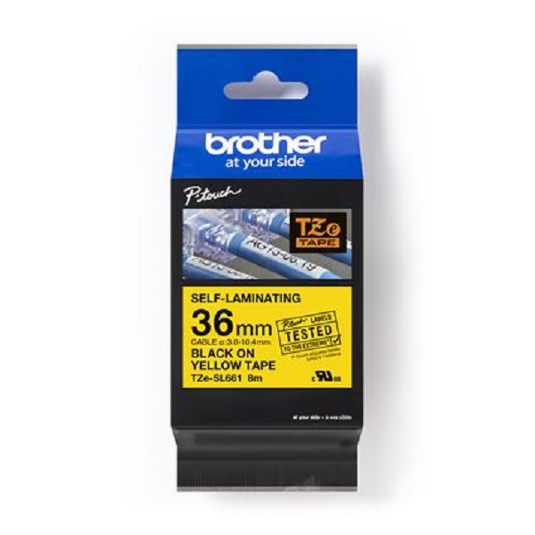 Brother PTE, PTE800W, PTP, PTP900c, PTP900Wc, PTP950NW Printable Height, Black Ink on Yellow Self-Laminating Label (1.4" x 26.2') (0.37")