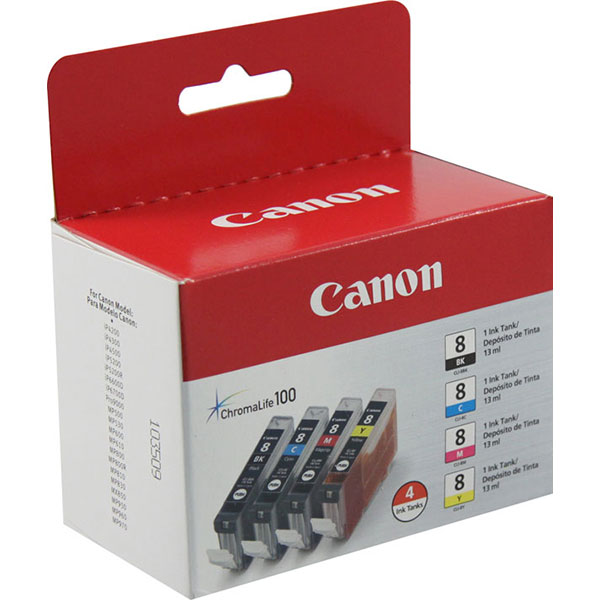 Canon (CLI-8) iP4200, iP4300, iP4500, iP5200, iP5200R, iP6600D, iP6700D, MP 500, 530, 600, 610, 800, 800R, 810, 830, 850, 950 CMYK Ink Combo Pack (Includes OEM# 0620B002, 0621B002, 0622B002, 0623B002)