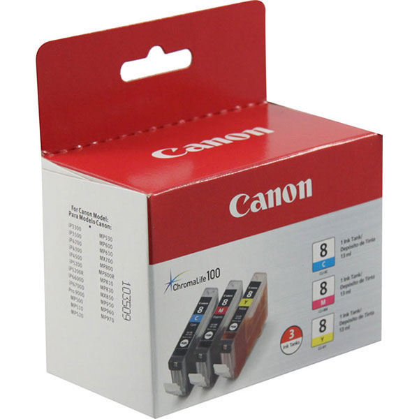 Canon (CLI-8) iP4200 4300 5200 6600D 6700D MP 500 510 530 600 800 800R 810 830 950 PIXMA Pro9000 Pro9000 Mark II Color Ink Tank Combo Pack (Includes OEM# 0621B002 0622B002 0623B002)