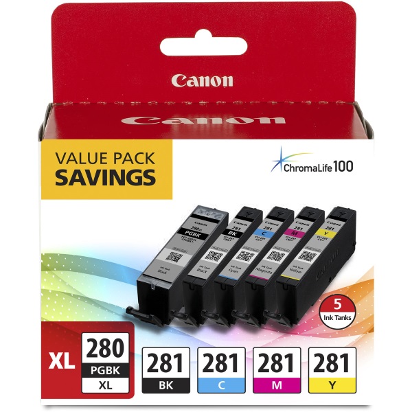 Canon (PGI-280XL/CLI-281) PIXMA TR7520 TR8520 TS6120 TS8120 TS9120 High Yield Black/C/M/Y Color Ink Tanks Combo 5/Pack