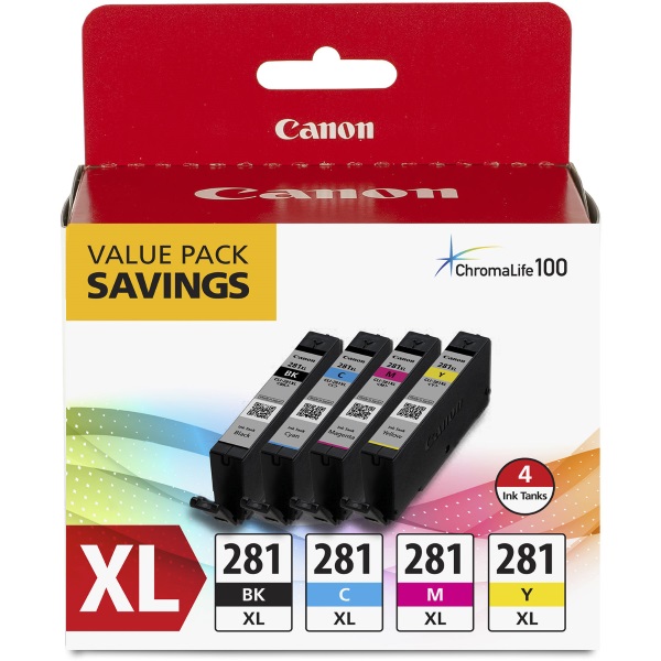 Canon (CLI-281XL) PIXMA TS8120, TS6120, TR7520, TR8520, TS9120 4 Pack (Includes 1 Each of OEM# 2037C001, 2034C001, 2035C001, 2036C001) (bk/c/m/y)