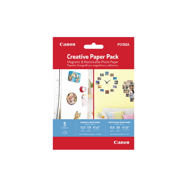 Canon Creative Photo Paper Pack (4? x 6?) (5 Sheets of MG-101 Magnetic Photo Paper - 13.0 mil) (5 Sheets of RP-101 Restickable Photo Paper - 10.6 ml)