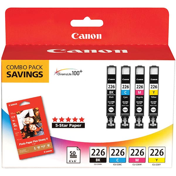 Canon (CLI-226) iP4820, 4920, iX6520, MG5120, 5220, 5320, 6120, 6220, 8120, 8220, MX712, 882, 892 C/M/Y/K Ink Combo Pack w/ 50 Sheets Photo Paper (Includes OEM# 4546B001, 4547B001, 4548B001, 4549B001)