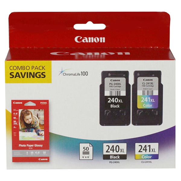 Canon (PG-240XL/CL-241XL) MG2120, 2220, 3120, 3220, 3520, 4120, 4220, MX372, 392, 432, 452, 472, 512, 522, 532 High Yield Black/Color Ink Pack (Includes OEM# 5206B001, 5208B001, 50 Sheets Photo Paper)