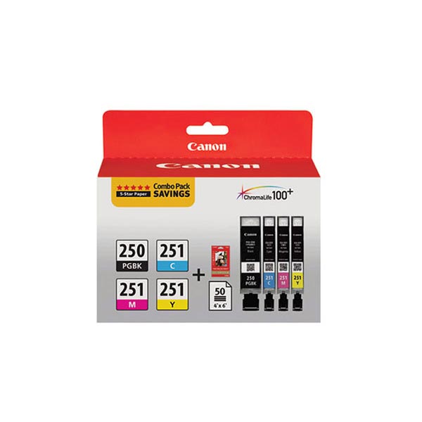 Canon (PGI-250 PGBK/CLI-251 C/M/Y) PIXMA iP7220/iP8720/iX6820, MG5420, MG6320, MG6420, MG7120, MG7520, MX922 PGBK/C/M/Y Ink Pack (Includes OEM# 6497B001, 6514B001, 6515B001, 6516B001, 50 Sheet Photo)