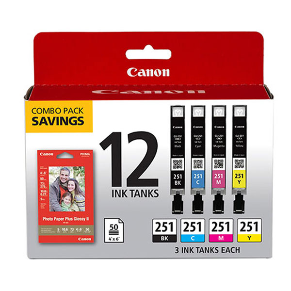 Canon (CLI-251) PIXMA MG5420, MG5620, MG6420, MG6620, MG7120, MG7520, MX722, MX922 BK/CMY 12-Color Ink Ctg + Photo Paper Combo Pack (Inlcudes 3 Inks of Each Color, 50 Sheets of 4"x6" Glossy Paper)