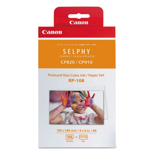 Canon (RP-108) High Capacity Color Ink Cartridge & Postcard Size Paper SELPHY CP400, CP910, CP1200, CP1300 (4" x 6") (108 Sheets)