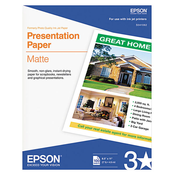Epson Presentation Paper Matte Photo Quality Inkjet Paper (8.5" x 11") (100 Sheets/Pkg)