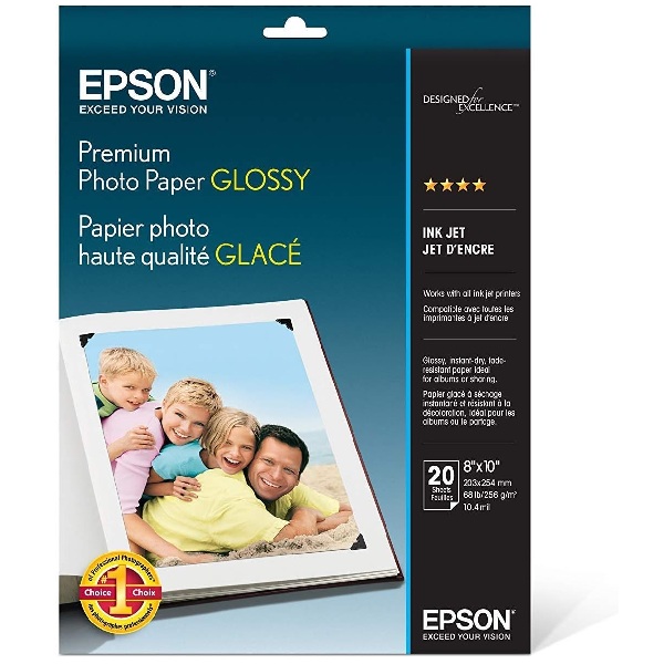 Epson Premium Photo Paper Glossy, Borderless (8" x 10") (20 Sheets/Pkg)