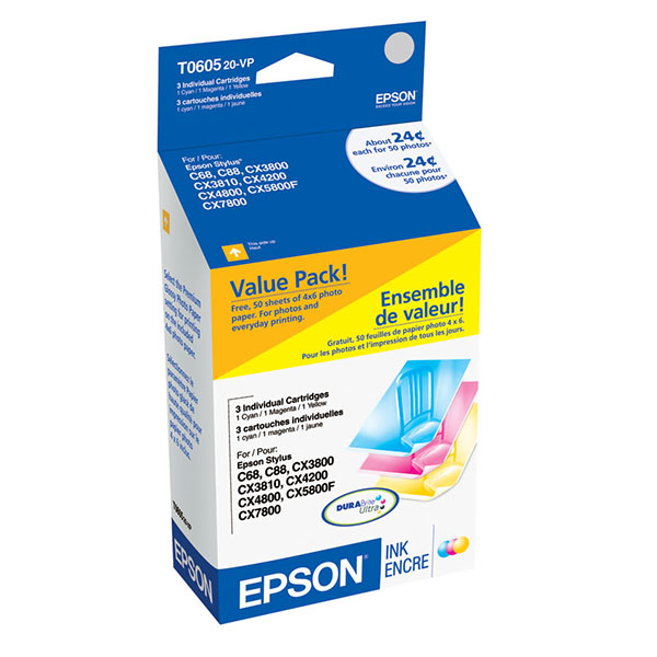 Epson (60) Stylus C68 C88 C88+ CX3800 CX3810 CX4200 CX4800 CX5800F CX7800 Cyan/Magenta/Yellow Ink Cartridge Multipack (Includes 1 Each of OEM# T060220 T060320 T060420) (3 x 600 Yield)