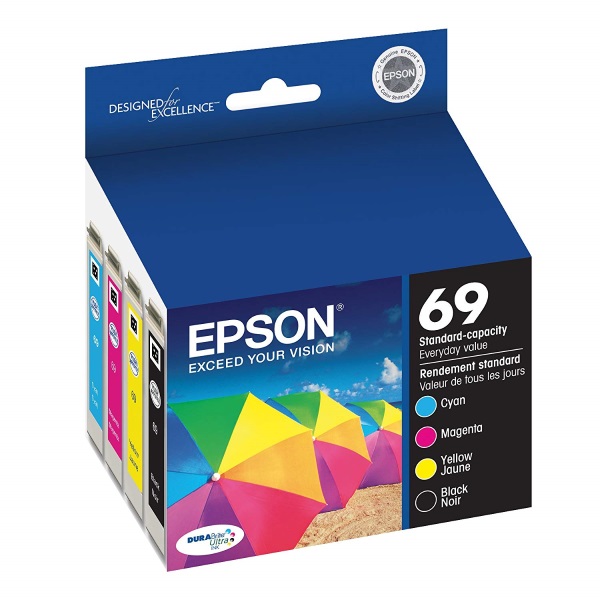 Epson (69) Stylus CX5000 CX6000 CX7000F CX7400 CX7450 CX8400 N11 NX100 NX200 NX300 NX400 NX510 DURABrite Ultra Cyan/Magenta/Yellow/Black Ink Cartridge Multipack (245 Black/380 CMY Yield)