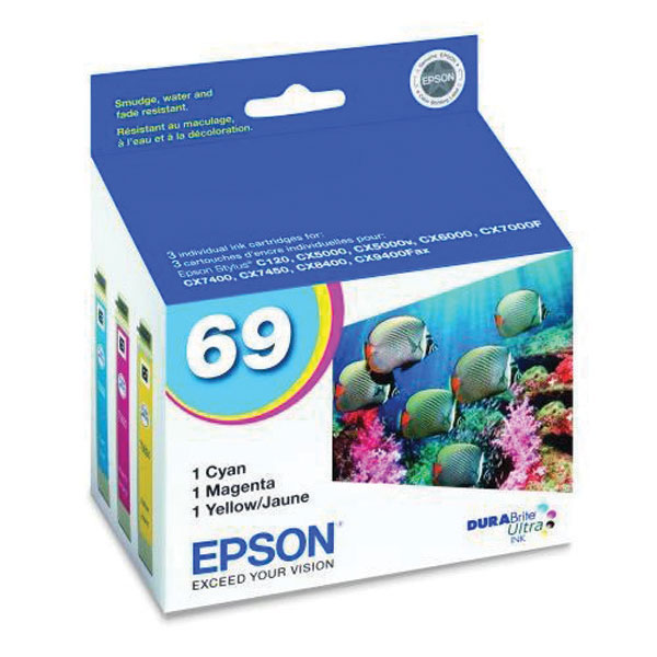 Epson (69) Stylus CX5000 CX6000 CX7000F CX7400 CX7450 CX8400 N11 NX100 NX200 NX300 NX400 NX510 DURABrite Ultra Cyan/Magenta/Yellow Ink Cartridge Multipack (3 x 380 Yield)