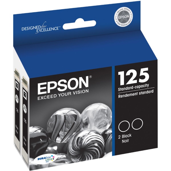 Epson (125) Stylus NX125 127 130 230 420 530 625 WorkForce 320 323 325 520 DURABrite Ultra Black Ink Cartridge Twin Pack (2 Pack of OEM# T125120) (2 x 445 Yield)