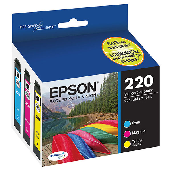 Epson (220) WorkForce WF-2630 2650 2660 DURABrite Ultra Cyan/Magenta/Yellow Ink Cartridge Multipack (Includes OEM# T220220 T220320 T220420) (3 x 165 Yield)
