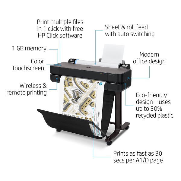 HP DesignJet T630 24-in Color Inkjet Printer (30 sec/page on A1/D) (1 GB) (2400 x 1200 dpi) (USB) (Ethernet) (Wireless) (Energy Star)