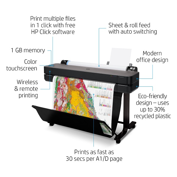 HP DesignJet T630 36-in Color Inkjet Printer (30 sec/page on A1/D) (1 GB) (2400 x 1200 dpi) (USB) (Ethernet) (Wireless) (Energy Star)