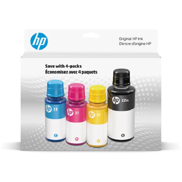 HP 31 (7E6X7AN) CMY/32XL Blk Bottled Ink Cartridge 4-Pk (Inclueded: 1 EA 31 Cyan 1VU26A 31 Magenta 1VU27A 31 Yellow 1VU28A 32XL Black 1VV24A (6000 Yld Blk/8.000 Yld Clr)