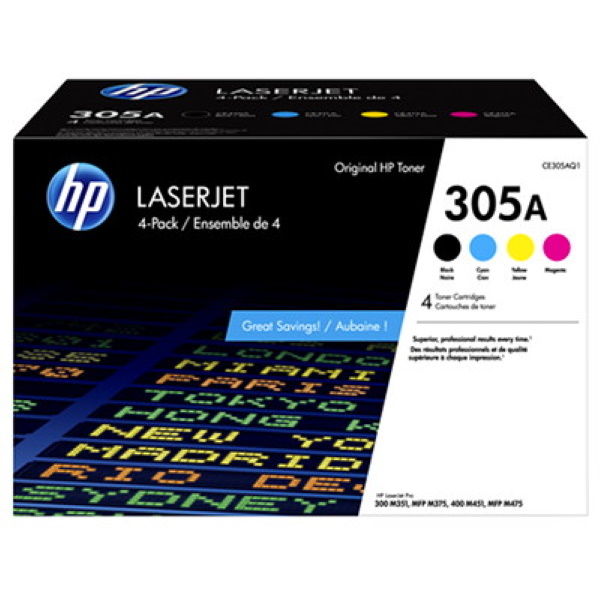 HP 305A (CE305AQ1) Color LaserJet Pro M451dn, M541dw, M451nw, MFP M475dn, M475dw, MFP 375nw 4-Pack Black, Cyan, Magenta, Yellow Original LaserJet Toner Cartridges (Blk Yield 2,090/CMY x 2,600 Yield)