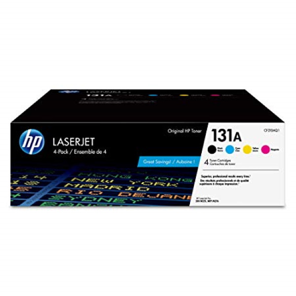 HP 131A (CF210AQ1) Color LaserJet Pro M251nw, MFP M276nw 4-Pack Black, Cyan, Magenta, Yellow Original LaserJet Toner Cartridges (Blk Yield 1,520/CMY x 1,800 Yield)