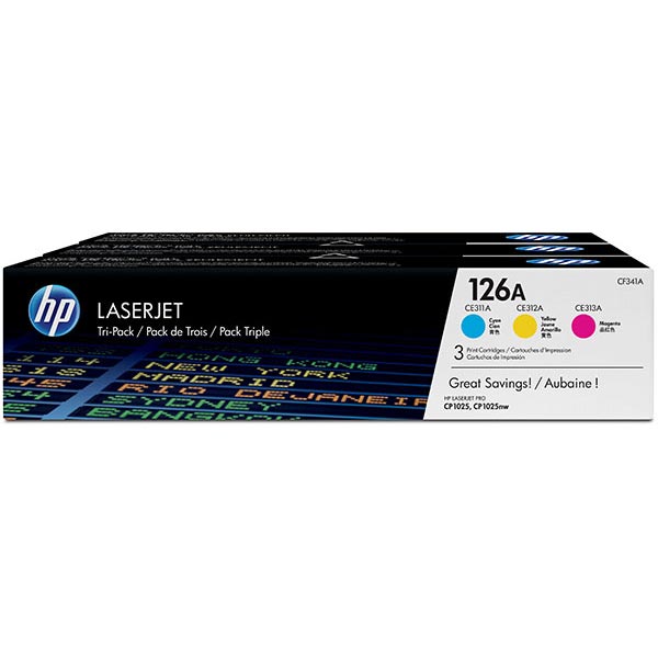 HP 126A (CF341A) Color LaserJet CP1020, CP1025nw, MFP M175nw, M275 3-Pack Cyan, Magenta, Yellow Original LaserJet Toner Cartridges (3 x 1,000 Yield)