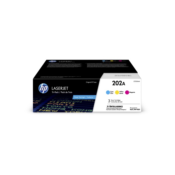 HP 202A (CF500AM) Color LaserJet Pro M254, MFP M281 3-Pack Cyan, Magenta, Yellow Original LaserJet Toner Cartridges (3 x 1,300 Yield)