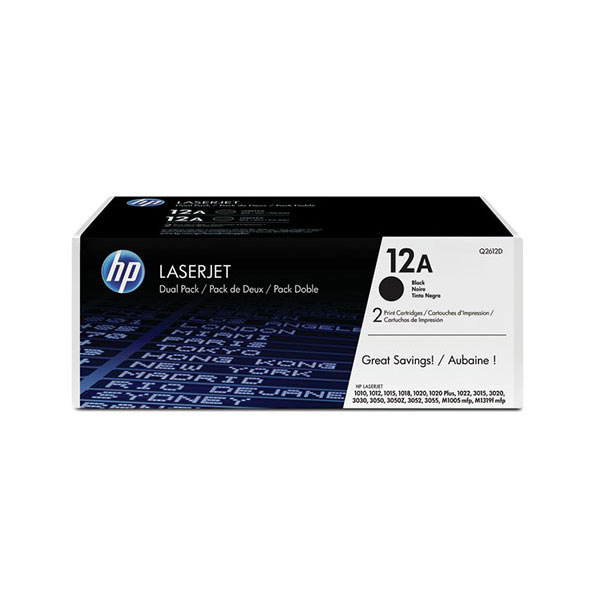 HP 12A (Q2612D) LaserJet 1012, 1018, 1020, 1022, 3015, 3020, 3030, 3050, 3052, 3055, M1319f MFP 2-Pack Black Original LaserJet Toner Cartridges (2 x 2,000 Yield)