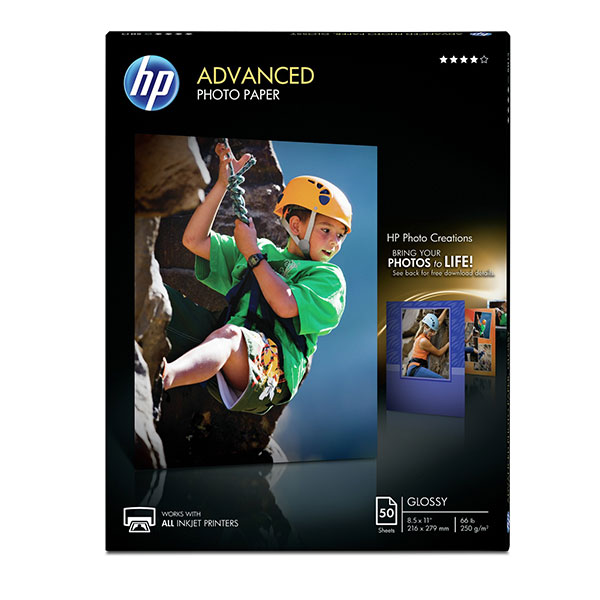 HP Advanced Photo Paper 66#, Glossy, 91 Bright (8.5" x 11") (50 Sheets/Pkg)