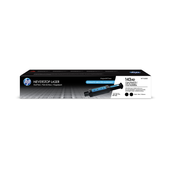HP 143A (W1143AD) Neverstop Laser MFP 1202w/nw, 1001nw Dual Pack Black Original Neverstop Toner Reload Kit (2,500 Yield)