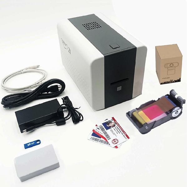 IDP SMART-21SB-EZ ID Card Simplex Printer Bundle, Includes printer, YMCKO color ribbon, 100 PVC cards, PC-only software, USB Camera